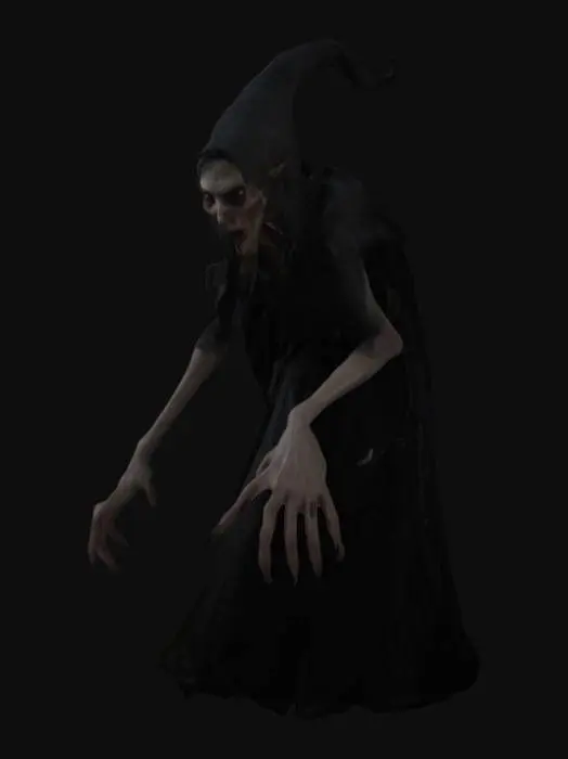 3D model for a terrifying, tall, gangly witch in Resident Evil video game, Unreal Engine 5 quality game model, ultra-realistic