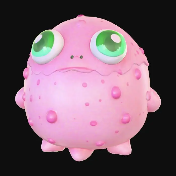 3D model for Stylized sponge monster blob, rounded cube-like form, soft squishy look, eyes floating cartoonishly, pastel pink/green colors, casual mobile game style, mid-poly mesh, game-ready