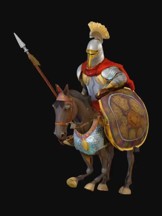 3D model for A fully armored Sassanian cataphract cavalry warrior, in the colorful and stylized style of Age of Empires. 
The horse is covered in scale armor and decorated barding, with its head and body protected by metal and leather plates. 
The rider is a heavily armored warrior wearing chainmail and lamellar armor, with a conical helmet and face guard. 
He wields a long spear (kontos) and carries a decorated shield on his back. 
The design should be vibrant, detailed, and slightly stylized for a strategy game unit, 
showing both the rider and the horse in full combat gear.
