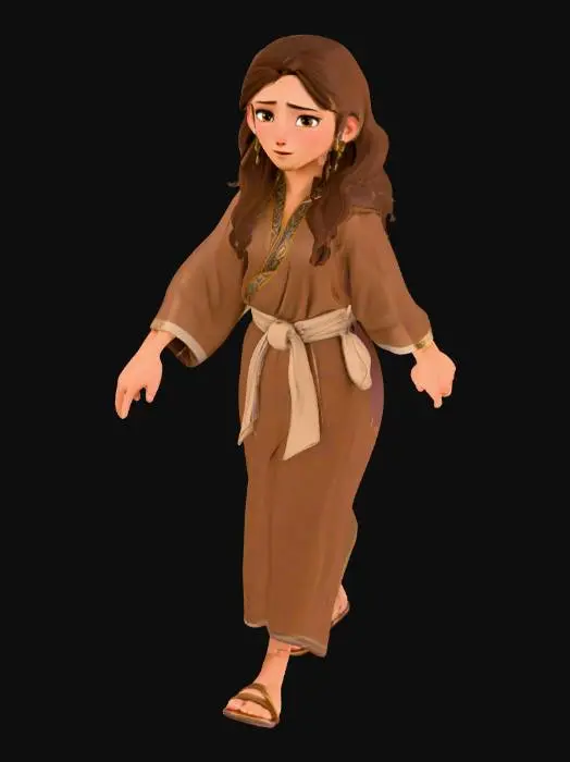 3D model for A full-body 3D model of a Middle Eastern girl, around 7–9 years old, with realistic but stylized proportions suitable for a game character. She has long dark wavy hair, large expressive eyes, and a neutral gentle expression. Outfit: a simple long brown robe or tunic tied at the waist with a cloth belt, and leather sandals. She should look modest and historically inspired, with natural textures for cloth and skin. The model should be optimized for rigging and animation in Unity/Blender, with clean topology, PBR-ready materials, and realistic fabric folds.
