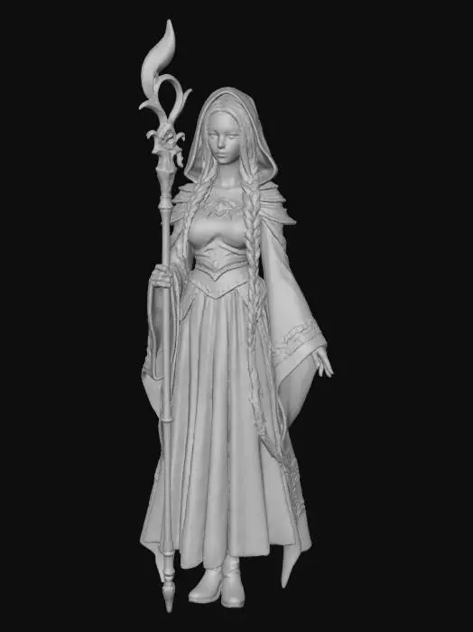 3D model for A full-body 3D model of a female Viera (Rava) from Final Fantasy XIV, a White Mage. Long, braided silver hair, gentle green eyes, and a serene expression. Slender build. Wearing elegant white and gold robes with a tall, ornate hood and a jeweled staff. The staff has a glowing green gem at its tip. She stands in a calm, healing pose, one hand extended with a soft, luminous healing light effect. Art style of Final Fantasy XIV, semi-realistic, clean and detailed. Studio lighting