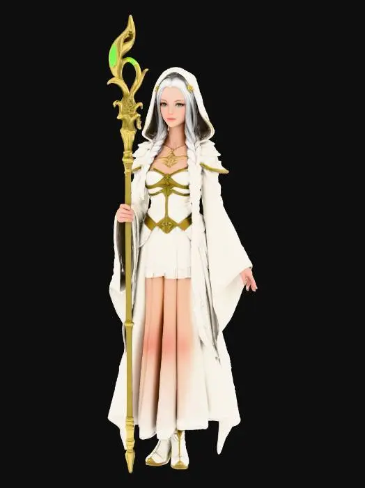 3D model for A full-body 3D model of a female Viera (Rava) from Final Fantasy XIV, a White Mage. Long, braided silver hair, gentle green eyes, and a serene expression. Slender build. Wearing elegant white and gold robes with a tall, ornate hood and a jeweled staff. The staff has a glowing green gem at its tip. She stands in a calm, healing pose, one hand extended with a soft, luminous healing light effect. Art style of Final Fantasy XIV, semi-realistic, clean and detailed. Studio lighting