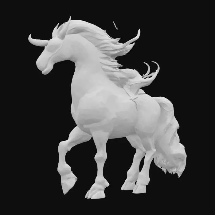 3D model for Мощный адский конь с мускулистым телом, покрытым потрескавшейся, обгорелой кожей, из трещин которой просвечивает тлеющее красное сияние, напоминающее раскаленную лаву. Его грива и хвост состоят из клубящегося черного дыма и языков пламени. Глаза горят зловещим оранжевым светом. Рога, острые и изогнутые, выступают из головы, а копыта сделаны из темного, зазубренного камня, раскаленного докрасна, оставляя обгорелые следы. На ощупь он кажется горячим и шершавым.