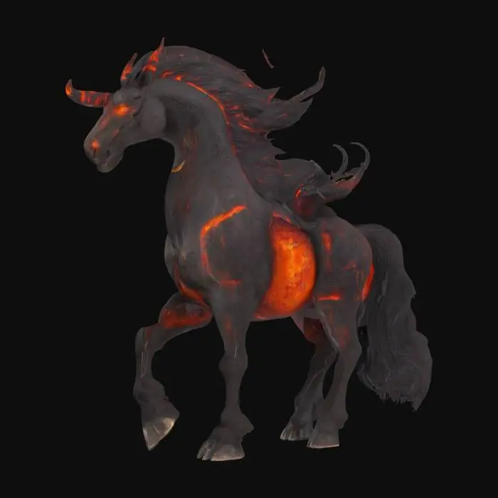 3D model for Мощный адский конь с мускулистым телом, покрытым потрескавшейся, обгорелой кожей, из трещин которой просвечивает тлеющее красное сияние, напоминающее раскаленную лаву. Его грива и хвост состоят из клубящегося черного дыма и языков пламени. Глаза горят зловещим оранжевым светом. Рога, острые и изогнутые, выступают из головы, а копыта сделаны из темного, зазубренного камня, раскаленного докрасна, оставляя обгорелые следы. На ощупь он кажется горячим и шершавым.