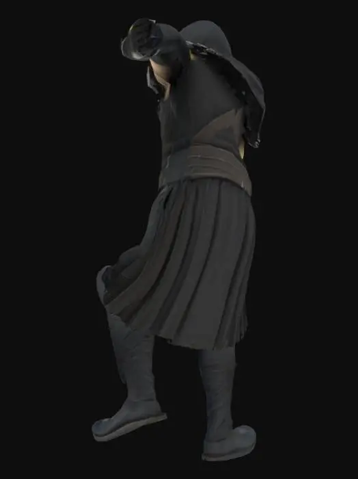 3D model for 3D model of Noob Saibot from Mortal Kombat 9, full-body, standing in a neutral but menacing pose. Detailed black ninja armor with leather, cloth, and steel textures. Masked face, only glowing pale eyes visible. Add faint black smoke drifting from him. Ultra-high detail on armor wear and fabric texture. Dark, minimalistic background, realistic gritty style.
, Зіткнення кланів, Бойова постава, Грубий, Надреалістичний, Органічний