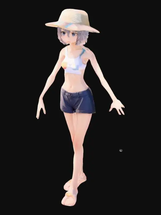 3D model for anime girl, beach outfit, short hair, skinny, midriff, t pose