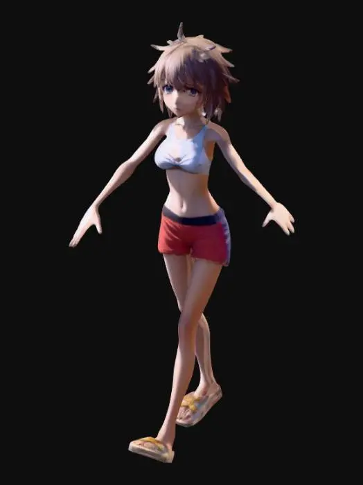 3D model for anime girl, beach outfit, short hair, skinny, midriff, t pose