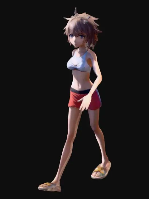 3D model for anime girl, beach outfit, short hair, skinny, midriff, t pose