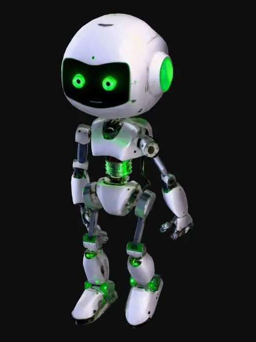 3D model for A simple experimental robot built by a single person, with green LED eyes, looks kinda short.
