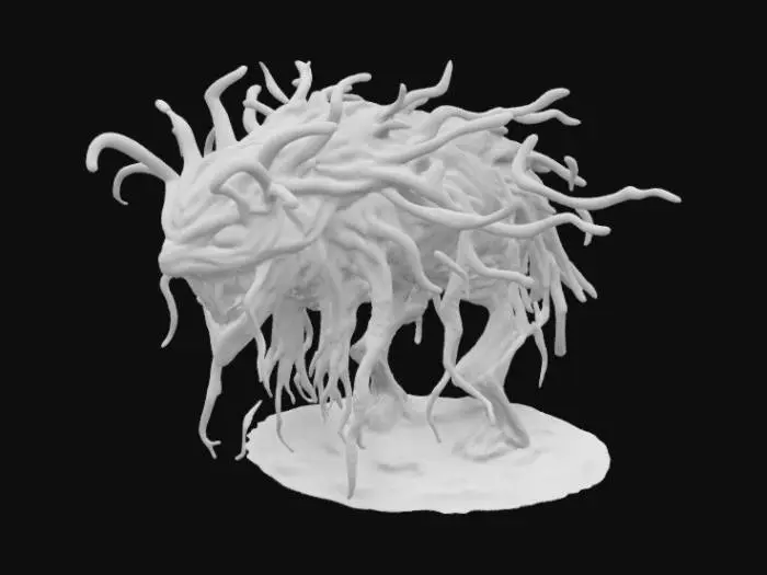 3D model for a 3d generation of an eldritch horror that has black ooze and tendrils in all directions and many red eyes everywhere and ooze beneath it with a sinister evil smile 