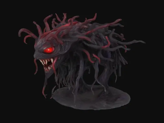 3D model for a 3d generation of an eldritch horror that has black ooze and tendrils in all directions and many red eyes everywhere and ooze beneath it with a sinister evil smile 