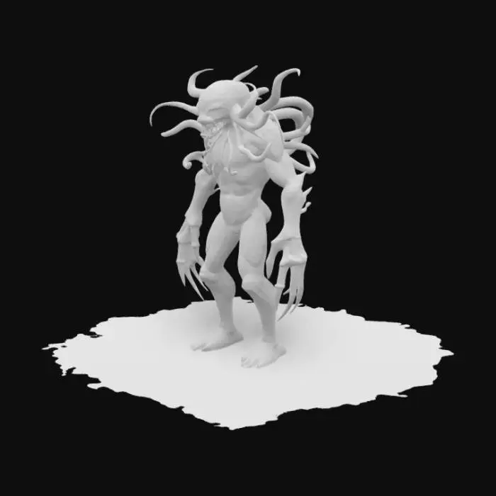 3D model for a 3d generation of an humanoid eldritch horror that has black ooze and tendrils in all directions and many red eyes everywhere and with a sinister evil smile 