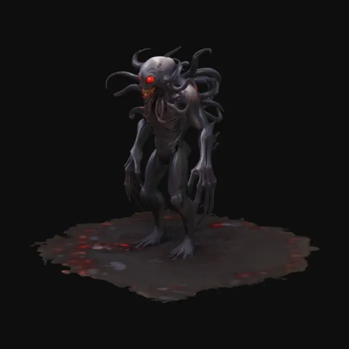3D model for a 3d generation of an humanoid eldritch horror that has black ooze and tendrils in all directions and many red eyes everywhere and with a sinister evil smile 