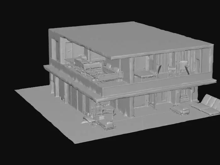 3D model for "Create a modern beach house in a minimalist style with large windows offering a view of the ocean. The house should have an open, airy design with a light, neutral color palette. Include a spacious outdoor area with a terrace and a swimming pool. The surrounding environment should feature sandy beaches, palm trees, and gentle waves to enhance the idyllic beach vibe. The roof should be flat and made of eco-friendly materials."