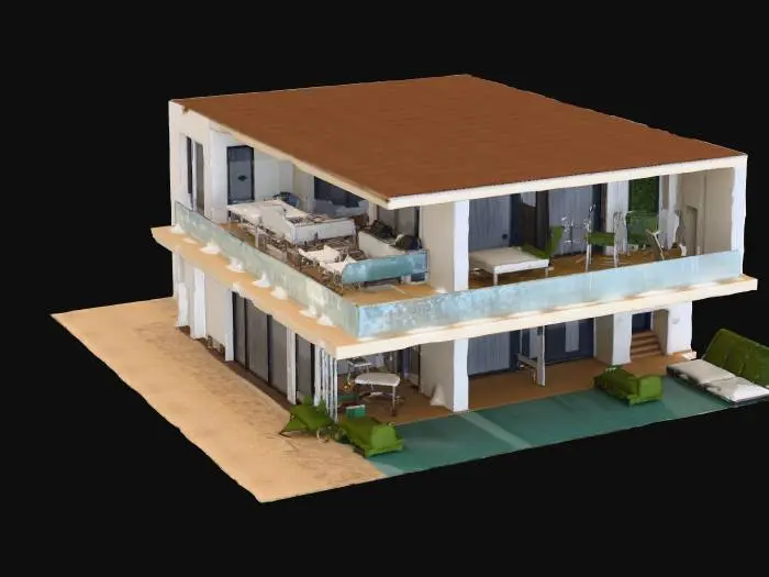 3D model for "Create a modern beach house in a minimalist style with large windows offering a view of the ocean. The house should have an open, airy design with a light, neutral color palette. Include a spacious outdoor area with a terrace and a swimming pool. The surrounding environment should feature sandy beaches, palm trees, and gentle waves to enhance the idyllic beach vibe. The roof should be flat and made of eco-friendly materials."