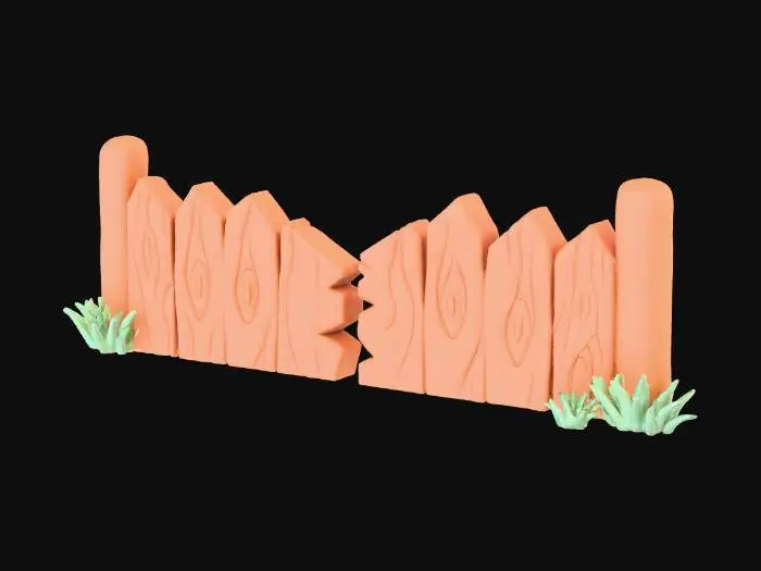 3D model for "Create a stylized broken wooden fence in the visual style of the Nintendo 3DS Pokémon games (Pokémon X/Y, Omega Ruby/Alpha Sapphire). The fence should have simple, rounded wooden planks with soft edges, some cracked or missing pieces, and slightly tilted or uneven posts to show damage. Use clean hand-painted textures, subtle shading, pastel color tones, and smooth gradients typical for 3DS Pokémon overworld assets. Keep the geometry low-poly, cartoony, and appealing. Use diffuse texture only, no realistic materials. The model should look like it belongs in a Pokémon 3DS environment."