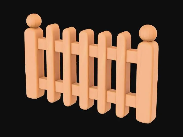 3D model for "Create a stylized wooden fence in the visual style of the Nintendo 3DS Pokémon games (Pokémon X/Y, Omega Ruby/Alpha Sapphire). The fence should have simple, rounded wooden planks with soft edges, clean hand-painted textures, and subtle shading. Use slightly cartoony proportions, pastel color tones, and smooth gradients typical for 3DS Pokémon overworld objects. Keep the geometry low-poly but appealing, with diffuse textures only and no realistic materials. The model should look like it belongs in a Pokémon 3DS environment."