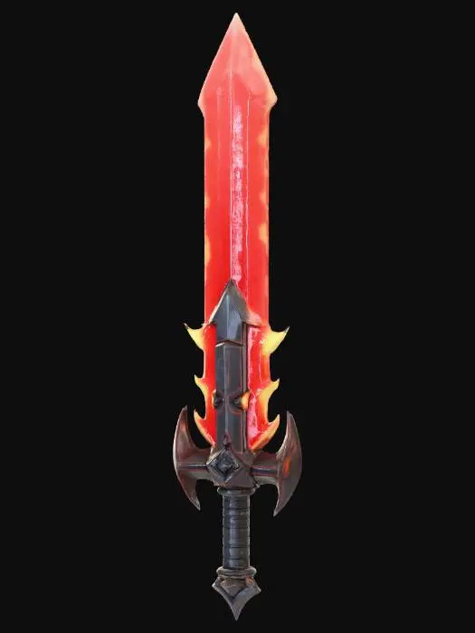 3D model for "Create a red and black sword with fiery effects, inspired by the blocky art style of Minecraft or Hytale. The sword should look chunky and angular, with a geometric shape typical for block models. The handle should be black, while the blade is a vivid red with black details or veins. Fiery effects should appear around the blade, glowing in orange and yellow. The entire model should be made in a 3D block-style, similar to Blockbench, matching the aesthetic of Minecraft or Hytale."