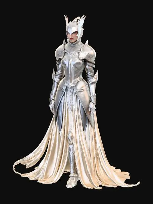 3D model for An elven knight adorned in ethereal moon-silvered mithril armor, shimmering with a pearlescent luster. The structure is gracefully sculpted, featuring intricate leaf-like patterns integrated into the flowing shoulder guards and an elegant pointed helmet. Its texture is incredibly smooth and lightweight, with delicate elven script subtly embossed along the chest plate, giving it an ancient, magical aesthetic and a cool, smooth touch.