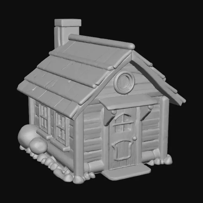 3D model for "Create a 3D house in the style of classic Pokémon, with a wooden exterior. The walls should be a rich, traditional brown wood. The overall design should be simple yet charming, with a slight cartoonish feel like the Pokémon world. Include details like a slanted roof, small windows, and a cozy, inviting vibe. The house should look like something a character from the Pokémon games might live in, with natural, earthy textures and a bit of warmth in the design."