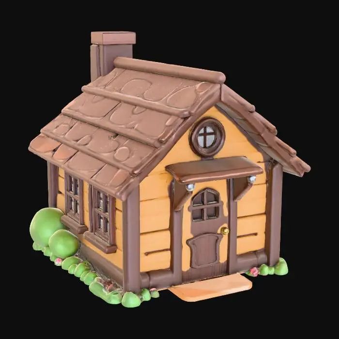 3D model for "Create a 3D house in the style of classic Pokémon, with a wooden exterior. The walls should be a rich, traditional brown wood. The overall design should be simple yet charming, with a slight cartoonish feel like the Pokémon world. Include details like a slanted roof, small windows, and a cozy, inviting vibe. The house should look like something a character from the Pokémon games might live in, with natural, earthy textures and a bit of warmth in the design."