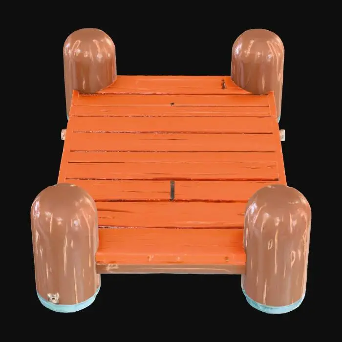 3D model for "Create a 3D model of a wooden pier in a Pokémon-like style. The pier should have a sturdy and slightly exaggerated design with a cartoony, friendly vibe, typical of Pokémon graphics. Use dark wood for the pier’s planks and supports, with a rich, deep brown color that gives it an aged, weathered look. The wood should have a smooth but slightly textured surface, reflecting the style of Pokémon environments. Add large, round wooden posts on each side of the pier, and ensure the edges are soft and rounded, rather than sharp. The structure should be simple yet charming, with large wooden beams and wide planks that give it a cozy, inviting feel. The overall look should feel like a peaceful, stylized waterfront scene, fitting into a colorful Pokémon world."