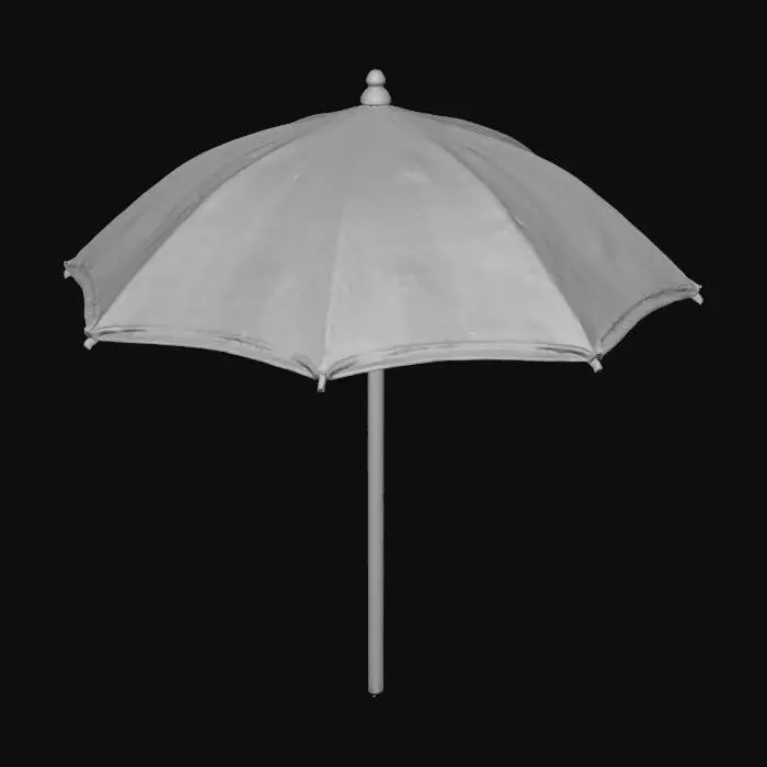 3D model for “Create a 3D model of a standing beach umbrella in the graphic style of Nintendo 3DS Pokémon games (like Pokémon X/Y or Sun/Moon). The umbrella should stand on a simple pole placed in the sand. Style: slightly stylized, soft and colorful palette, clean shapes, hand-painted textures, low-to-mid poly, minimal gloss. The canopy should be round and use typical Pokémon-like pastel colors. Soft, anime-style lighting. No photorealism.”