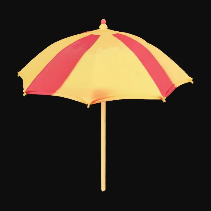3D model for “Create a 3D model of a standing beach umbrella in the graphic style of Nintendo 3DS Pokémon games (like Pokémon X/Y or Sun/Moon). The umbrella should stand on a simple pole placed in the sand. Style: slightly stylized, soft and colorful palette, clean shapes, hand-painted textures, low-to-mid poly, minimal gloss. The canopy should be round and use typical Pokémon-like pastel colors. Soft, anime-style lighting. No photorealism.”