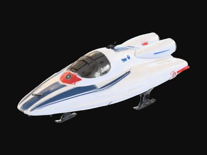 3D model for kleines 1-mann raumschiff mit ausgefahrenen landestützen. die triebwerke an der rückseite rechteckig