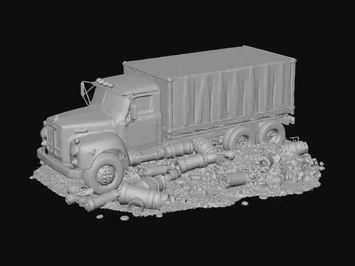 3D model for Schrotthaufen bestehemd aus Motoren und Getrieben alles verrostet teilweise mit LKW plane abgedeckt