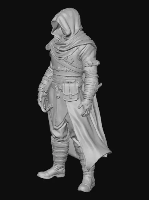3D model for Stylized low-poly fantasy rogue character for a top-down stealth game.
Player character thief, slim and agile body type.
Wearing dark leather stealth armor, light and flexible.
Fingerless thief gloves on both hands.
Pose: crouching stealth stance, knees bent, body leaning slightly forward.
Both arms extended forward as if stealing or reaching for loot.
Hands open, fingers slightly curved.
Stable, balanced static pose (not mid-motion).
Appearance: optional short hood, face partially visible, focused expression.
No weapons, no backpack, no large gear.
Style: stylized but grounded fantasy, not cartoon, not realistic.
Clean game-ready topology, centered single character.
Neutral lighting, no effects.
Important: no extreme motion, no floating limbs, proportions suitable for top-down view.