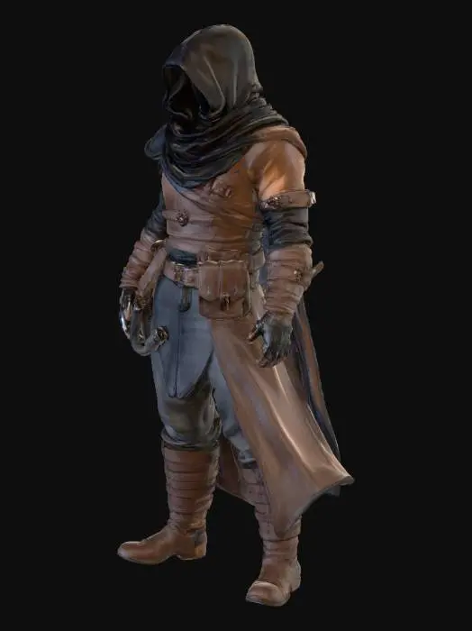 3D model for Stylized low-poly fantasy rogue character for a top-down stealth game.
Player character thief, slim and agile body type.
Wearing dark leather stealth armor, light and flexible.
Fingerless thief gloves on both hands.
Pose: crouching stealth stance, knees bent, body leaning slightly forward.
Both arms extended forward as if stealing or reaching for loot.
Hands open, fingers slightly curved.
Stable, balanced static pose (not mid-motion).
Appearance: optional short hood, face partially visible, focused expression.
No weapons, no backpack, no large gear.
Style: stylized but grounded fantasy, not cartoon, not realistic.
Clean game-ready topology, centered single character.
Neutral lighting, no effects.
Important: no extreme motion, no floating limbs, proportions suitable for top-down view.