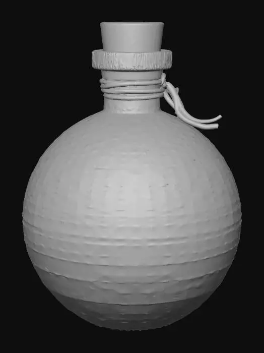 3D model for A small medieval fantasy mana potion, designed to match other game potions. A round glass bottle filled with glowing blue liquid, slightly swirling inside. Thick oak cork stopper sealed with wax, leather strap around the neck. Magical particles floating inside the potion, soft glow reflecting on the glass. Game-ready, iconic RPG item design, visually readable at small sizes, matching the style of other health potions in the set.