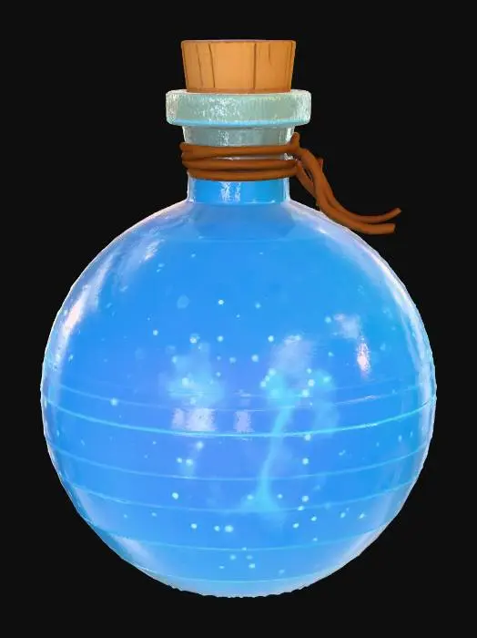 3D model for A small medieval fantasy mana potion, designed to match other game potions. A round glass bottle filled with glowing blue liquid, slightly swirling inside. Thick oak cork stopper sealed with wax, leather strap around the neck. Magical particles floating inside the potion, soft glow reflecting on the glass. Game-ready, iconic RPG item design, visually readable at small sizes, matching the style of other health potions in the set.