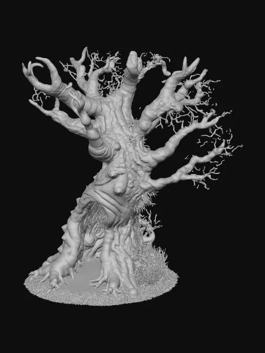3D model for Large medieval cursed tree, FULL BODY visible, red sap flowing like blood, twisted branches, hollow open trunk, moss and fungi, stylized realistic textures, MMO world asset