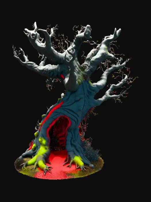 3D model for Large medieval cursed tree, FULL BODY visible, red sap flowing like blood, twisted branches, hollow open trunk, moss and fungi, stylized realistic textures, MMO world asset