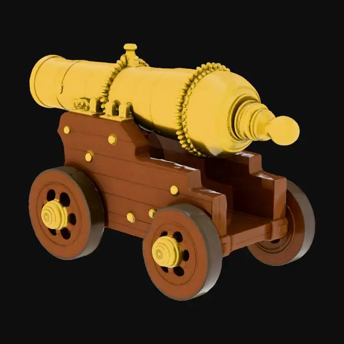 3D model for Realistic medieval MMO-style cannon, full object visible, bronze or iron barrel mounted on wooden carriage with wheels, empty interior, slightly worn textures, walkable around, fully explorable, 360-degree model, MMO-ready, medieval realistic style, suitable for castle walls or battlefields.