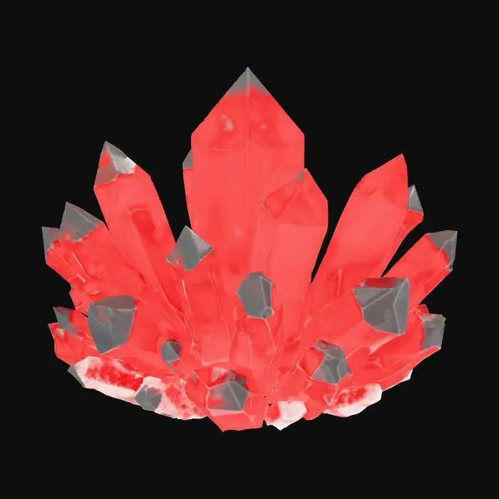 3D model for Realistic medieval fantasy crystal, “Blutquarz”, full object visible, jagged raw crystal cluster, deep red color with internal liquid-like glow, sharp translucent edges, raw magical mineral, medieval MMO material, natural crystal formation, 360-degree standalone model, no base, detailed refraction and mineral veins.