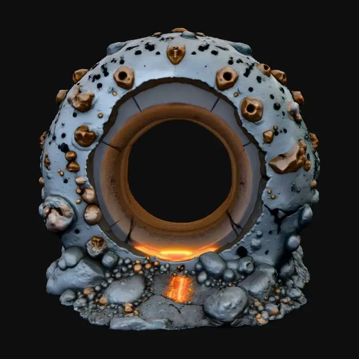 3D model for Ancient cosmic portal, FULL OBJECT, colossal structure made of carved obsidian, metallic neural tendrils, floating stone fragments, embedded star fragments glowing inside cracks, fractal geometry, alien inscriptions, softly rotating energy rings, organic-mechanical fusion, ultra-high-detail textures, surreal and iconic, trend-ready 3D masterpiece.
