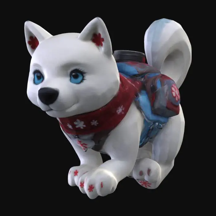 3D model for Softheart the Polar Pup, a spirited polar bear husky mix a bit on the small side with a sleek, silvery fur coat and icy blue eyes that sparkle with determination. He wears a red scarf embroidered with 3 snowflakes and carries a tiny backpack that includes a cocoa flask and a mini first aid kit. His design includes oversized paws a husky like tail and polar bear face, making it adorable yet strong. 
He stands on all 4's and has no clothing except the scarf and backpack.
