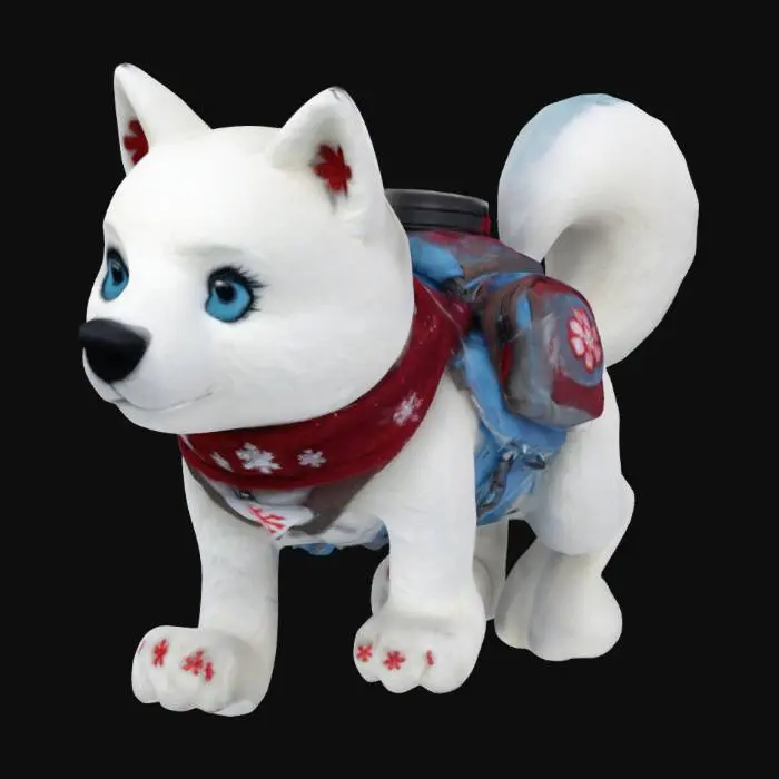3D model for Softheart the Polar Pup, a spirited polar bear husky mix a bit on the small side with a sleek, silvery fur coat and icy blue eyes that sparkle with determination. He wears a red scarf embroidered with 3 snowflakes and carries a tiny backpack that includes a cocoa flask and a mini first aid kit. His design includes oversized paws a husky like tail and polar bear face, making it adorable yet strong. 
He stands on all 4's and has no clothing except the scarf and backpack.