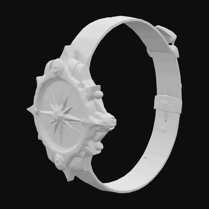 3D model for The Frostfinder Compass is a wrist-mounted, snowflake-like tool with icy blue and silver accents. Glowing runes encircle its spinning, chime-emitting needle, which glows brighter near magical objects. It can be worn on the wrist (like a watch) with adjustable strap for hands-free use or handheld and pocketed like a pocket watch. A built-in light projects from its center, guiding Santa across snowy and forested landscapes.