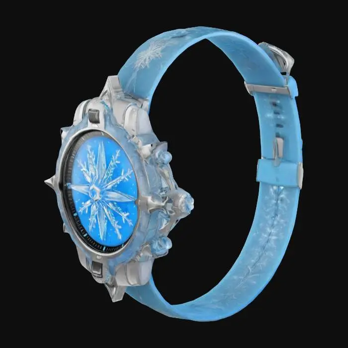 3D model for The Frostfinder Compass is a wrist-mounted, snowflake-like tool with icy blue and silver accents. Glowing runes encircle its spinning, chime-emitting needle, which glows brighter near magical objects. It can be worn on the wrist (like a watch) with adjustable strap for hands-free use or handheld and pocketed like a pocket watch. A built-in light projects from its center, guiding Santa across snowy and forested landscapes.
