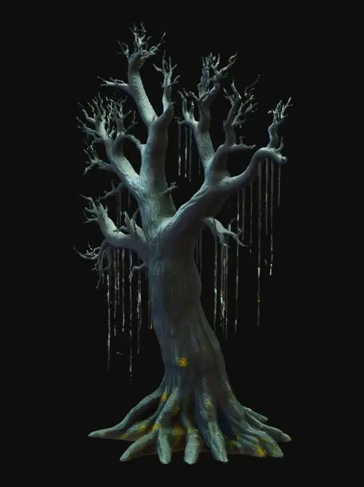 3D model for Create a set of stylized 3D tree models suitable for a dark medieval fantasy mobile game set in a cursed forest. The trees should have twisted, gnarled trunks, thick roots, and ominous silhouettes. Include different variations (e.g., dead trees, slightly glowing moss, hollow trunks, trees with hanging vines or bones). The overall tone should be eerie and otherworldly.
Format: Export as FBX or GLB with clean topology and low to mid poly count (around 2,000–5,000 tris per tree).
Textures: PBR (Albedo, Normal, Roughness) – 1024x1024 resolution preferred.
Materials: Use a muted, cold color palette (dark browns, grays, desaturated greens, hints of ghostly blue).

The models should look good under foggy and low-light conditions.