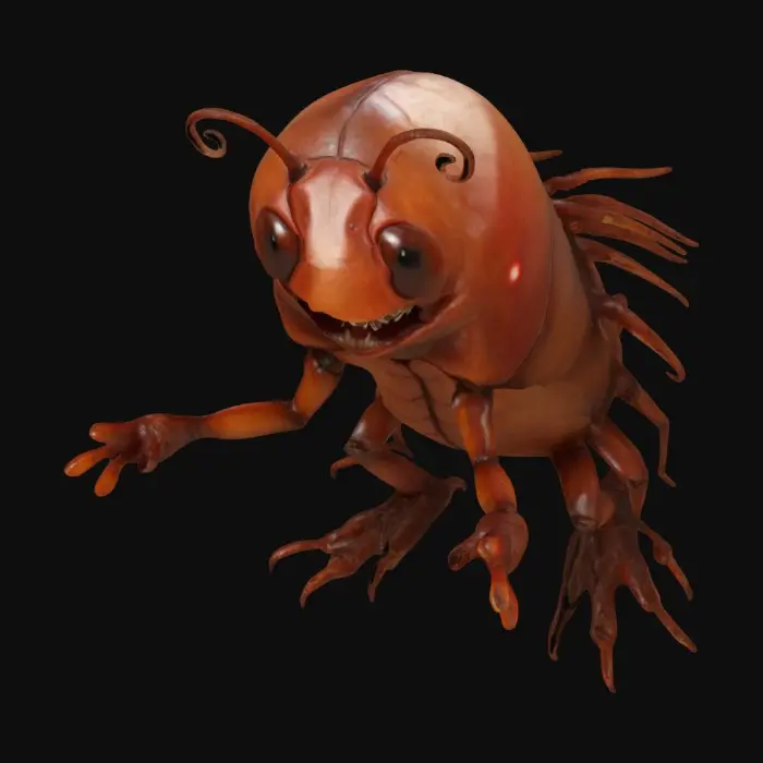 3D model for a cockroach creature that resembles a humanoid figure with a dark, brownish skin tone. It thin  long arms and a beady eyes that are red and glowing, and it has a wide, toothy grin. It stands in a T-pose with its arms pointing to the sides and legs straight.