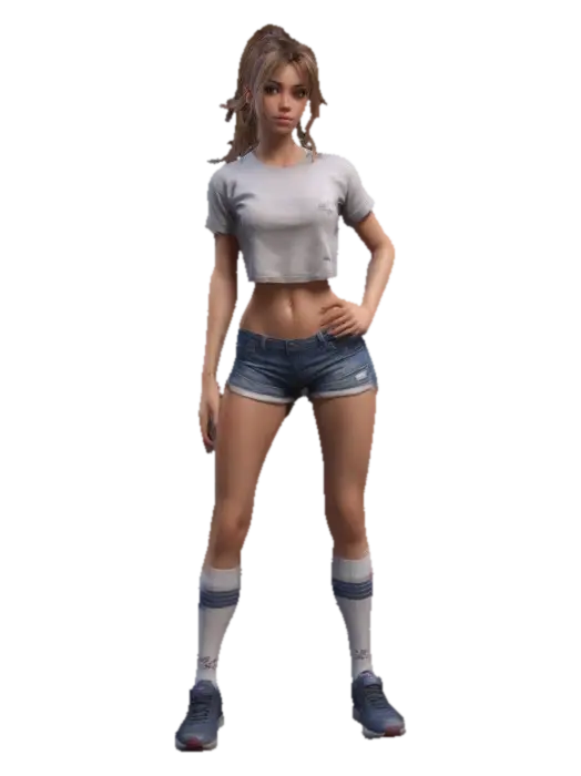  Young woman, pretty, skimpy t-shirt, skimpy shorts, trainers, socks, ultra detailed body, high detailed face, high definition, defined eyes, hard edges, angular, sharp, defined, ponytail hair від Sinnerthing — створено за допомогою генератора 3D Meshy AI, безкоштовне завантаження FBX OBJ GLB STL