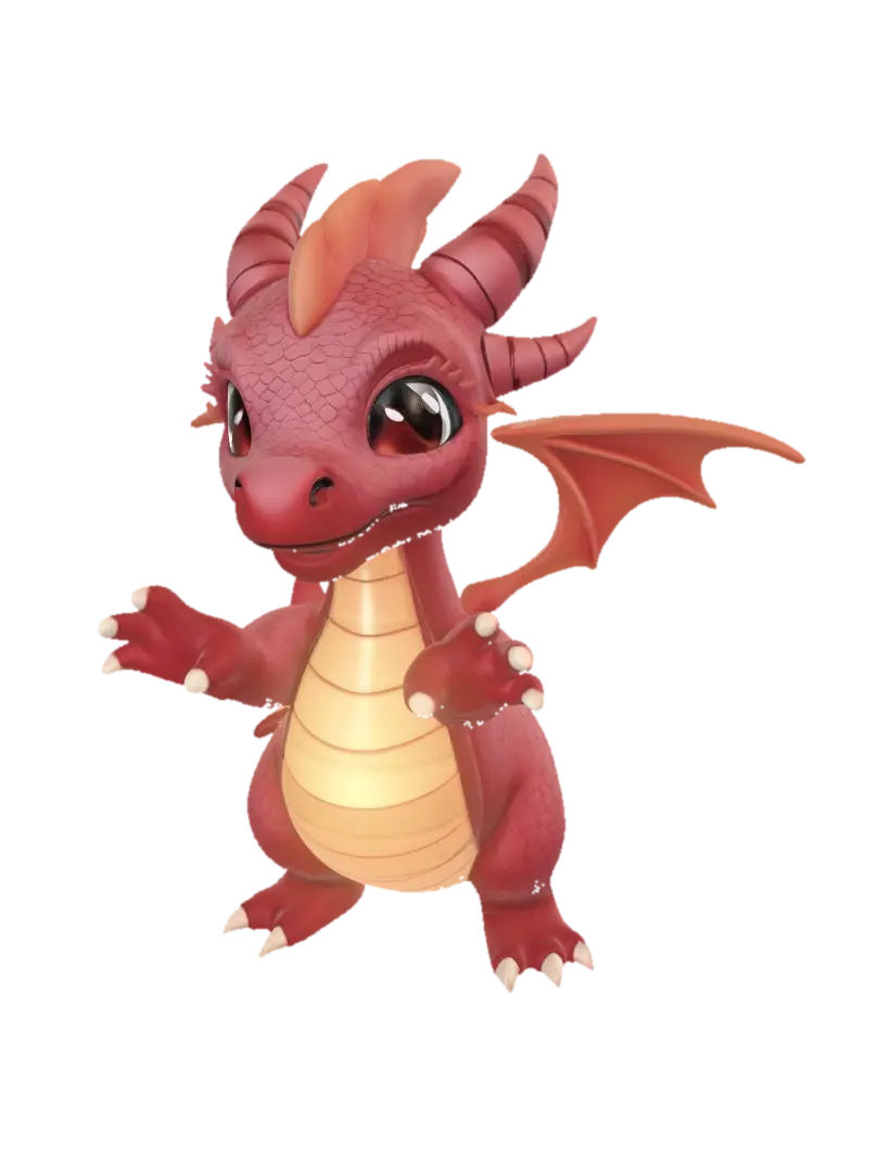 Cute chibi fire dragon, round oversized body, short stubby legs, big round… - Dragonwings 3D model, vytvořený pomocí AI