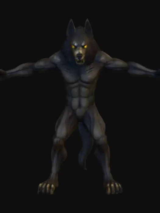 3D model for A terrifying, emaciated anthropomorphic wolf monster with a gaunt, skeletal frame visible beneath patchy, matted dark grey fur. Its head is elongated with a perpetually snarling expression, but its eye sockets are empty, conveying a profound sense of blindness. Long, sharp, yellowed claws protrude from its boney hands and feet, while exposed bone patches show through its fur in places, revealing a hardened, chitinous texture. The skin beneath the fur appears leathery and scarred, a sickly pale pink, suggesting a cold, clammy touch.