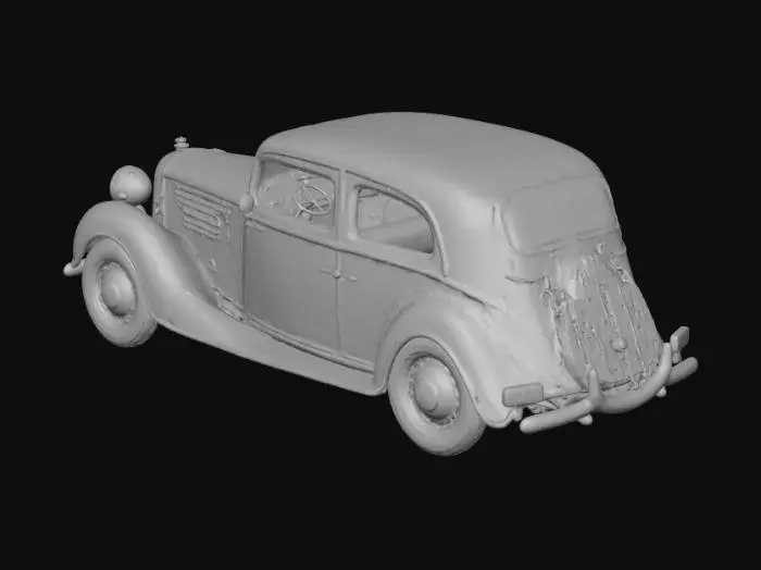 3D model for Ultra-realistic rendering of a 1930s European car (black or deep green) parked or passing on a cobblestone street. Rounded fenders, chrome detailing, whitewall tires, and a classic license plate. Shown in 3/4 view, with realistic reflections and soft sunlight. No background.