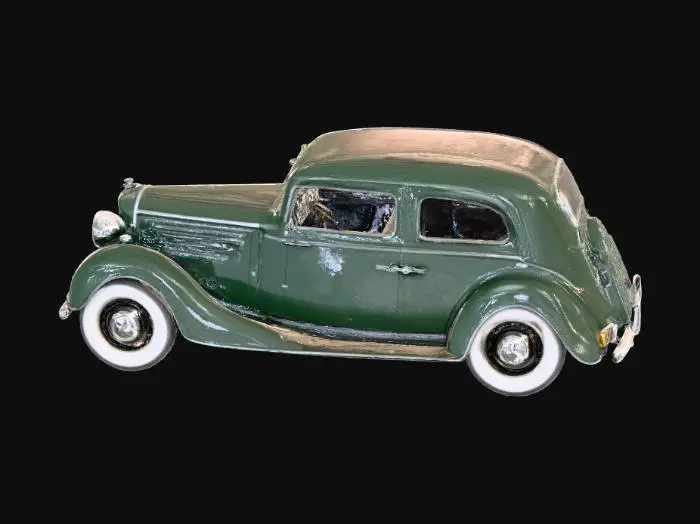 3D model for Ultra-realistic rendering of a 1930s European car (black or deep green) parked or passing on a cobblestone street. Rounded fenders, chrome detailing, whitewall tires, and a classic license plate. Shown in 3/4 view, with realistic reflections and soft sunlight. No background.